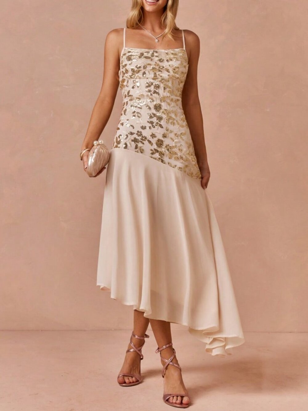 Apricot Elegant Women's Asymmetric Hem Sequin Patchwork Spaghetti Strap Dress
